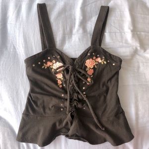 Floral Embroidery Lace-Up Corset Top